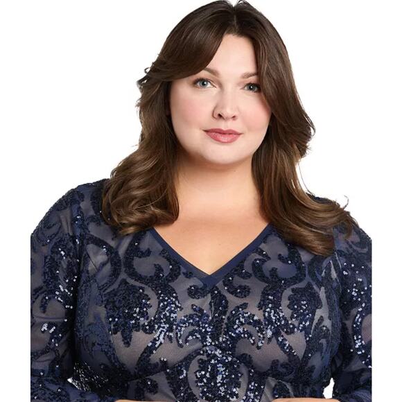 NWT R&M Richards Blue Sequin Embellished Bell-Sleeve Gown Womens Plus Size 20W - Picture 3 of 15